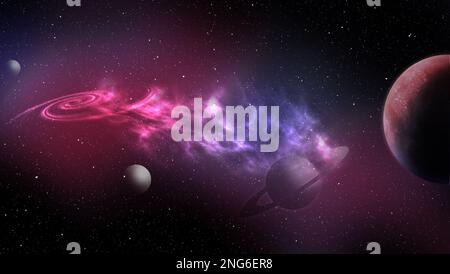 Fantastische Illustration der Galaxie mit Sternen und Planeten, Bannerdesign. Fantasiewelt Stockfoto