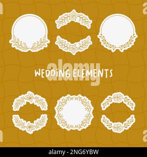 Minimale botanische Hochzeitsrahmenelemente auf weißem Hintergrund. Kranz, Blumen. Blattzweige in handgezeichnetem Muster. Blattkunstdesign für Stock Vektor