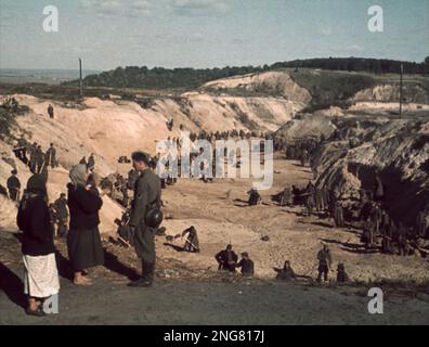 Die Anfangsphase des Holocaust war nicht mit Gaskammern, sondern mit mobilen Hinrichtungstruppen namens Enisatzgruppen. Ihre Aufgabe war es, hinter der Front zu streiten und alle Juden zu erschießen, die sie kriegen konnten. Dieses Foto zeigt sowjetische Kriegsgefangene, die nach dem Massaker von Babi Yar am 1. Oktober 1941 ein Massengrab bedecken. Stockfoto