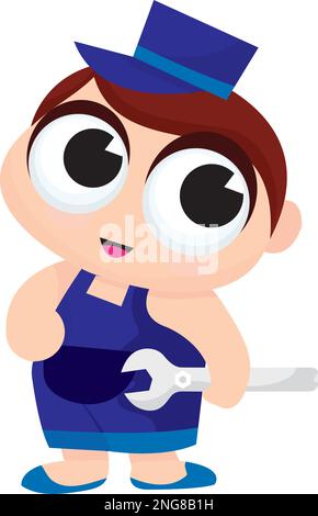 Ein Cartoon-Vektorbild eines süßen Handwerkers in blauem Overall mit einem Schraubenschlüssel. Stock Vektor