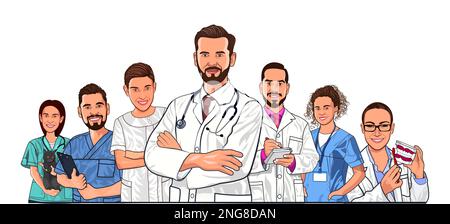Ärzte Männer und Frauen sind eingestellt. Freundliche und fürsorgliche Mediziner in weißen Kitteln isoliert auf blankem Hintergrund. Der Arzt spricht mit dem Patienten. Er Stockfoto