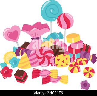 Ein Cartoon-Vektorbild von einem Haufen superbunter, fröhlicher Süßigkeiten und Lollipops. Stock Vektor
