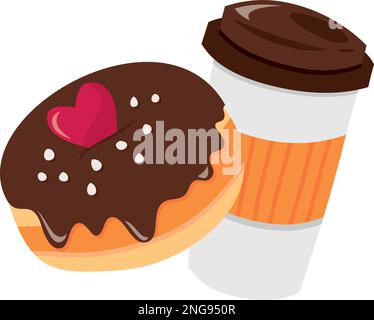 Ein Cartoon-Vektorbild eines süßen Schokoladen-Donuts mit einer Kaffeetasse zum Mitnehmen. Stock Vektor