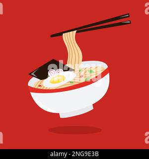 Eine Cartoon-Vektordarstellung einer Schüssel Ramen, die in der Luft vor einem roten Hintergrund schwebt. Stock Vektor