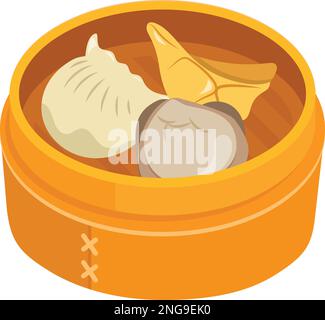 Ein Cartoon-Vektorbild chinesischer Knödel in einem Bambuskorb. Stock Vektor