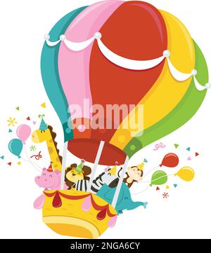 Eine Cartoon-Vektordarstellung einer Gruppe glücklicher Dschungeltiere im Heißluftballon, die eine Party feiern. Stock Vektor