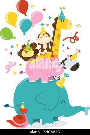 A cartoon vector illustration of happy jungle animals stack in celebration party mood. The cute animals like elephant, lion, zebra, monkey, giraffe an Stock Vektor