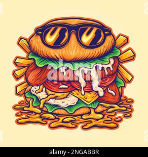 Köstlich lustige Burger cool Cartoon Logo Illustration Vektorbilder für Ihre Arbeit Logo, Merchandise-T-Shirt, Aufkleber und Etikettendesigns, Poster Stock Vektor