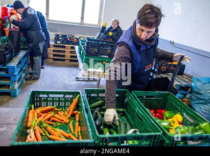 Schwerin, Deutschland. 16. Februar 2023. Freiwillige der Schweriner Lebensmittelbank prüfen, sortieren und verteilen die Lebensmittelspenden. Angesichts der derzeit hohen Inflation spielen die staatlichen Lebensmittelbanken eine besonders wichtige Rolle, wenn es darum geht, einkommensschwache Haushalte mit den grundlegenden Notwendigkeiten auszustatten. Kredit: Jens Büttner/dpa/Alamy Live News Stockfoto