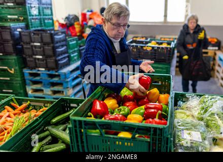 Schwerin, Deutschland. 16. Februar 2023. Freiwillige der Schweriner Lebensmittelbank prüfen, sortieren und verteilen die Lebensmittelspenden. Angesichts der derzeit hohen Inflation spielen die staatlichen Lebensmittelbanken eine besonders wichtige Rolle, wenn es darum geht, einkommensschwache Haushalte mit den grundlegenden Notwendigkeiten auszustatten. Kredit: Jens Büttner/dpa/Alamy Live News Stockfoto