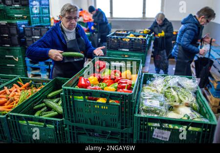 Schwerin, Deutschland. 16. Februar 2023. Freiwillige der Schweriner Lebensmittelbank prüfen, sortieren und verteilen die Lebensmittelspenden. Angesichts der derzeit hohen Inflation spielen die staatlichen Lebensmittelbanken eine besonders wichtige Rolle, wenn es darum geht, einkommensschwache Haushalte mit den grundlegenden Notwendigkeiten auszustatten. Kredit: Jens Büttner/dpa/Alamy Live News Stockfoto