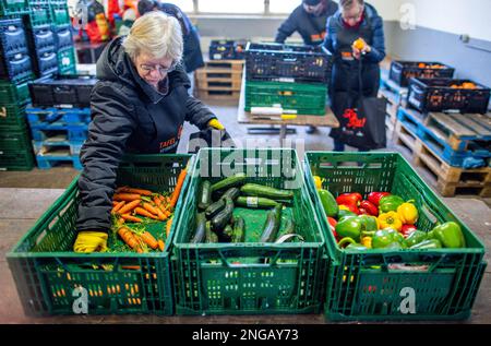 Schwerin, Deutschland. 16. Februar 2023. Freiwillige der Schweriner Lebensmittelbank prüfen, sortieren und verteilen die Lebensmittelspenden. Angesichts der derzeit hohen Inflation spielen die staatlichen Lebensmittelbanken eine besonders wichtige Rolle, wenn es darum geht, einkommensschwache Haushalte mit den grundlegenden Notwendigkeiten auszustatten. Kredit: Jens Büttner/dpa/Alamy Live News Stockfoto