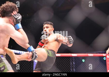 Orlando, Florida, USA. 17. Februar 2023. ORLANDO, Florida - 17. Februar Elvin Espinoza tritt Damir Ferhatbegovic in Woche 4 der PFL Challenger Series am 17. Februar 2023 in den Universal Studios in Orlando, Florida, einen Kick zu. (Kreditbild: © Aaron Litz/PX Imagens via ZUMA Press Wire) NUR REDAKTIONELLE VERWENDUNG! Nicht für den kommerziellen GEBRAUCH! Kredit: ZUMA Press, Inc./Alamy Live News Stockfoto