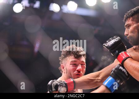 Orlando, Florida, USA. 17. Februar 2023. ORLANDO, Florida - Februar 17 Damir Ferhatbegovic reagiert auf einen Schlag von Elvin Espinoza in Woche 4 der PFL Challenger Series am 17. Februar 2023 in den Universal Studios in Orlando, Florida. (Kreditbild: © Aaron Litz/PX Imagens via ZUMA Press Wire) NUR REDAKTIONELLE VERWENDUNG! Nicht für den kommerziellen GEBRAUCH! Kredit: ZUMA Press, Inc./Alamy Live News Stockfoto