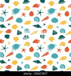 Nahtloses Muster für Muschelspüle. Exotische Meeresmuschelschnecke Meeresspirale Meeresschnecke Meeresspiralschnecke, Meeressternstarre grenzenloser Hintergrund. Wiederkehrende Ornamente mit tropischem Strandmuster Stock Vektor
