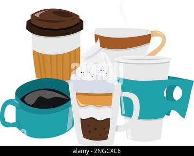 Eine Cartoon-Vektordarstellung einer Gruppe von Kaffeetassen. Stock Vektor