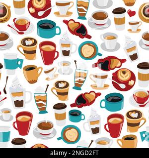Eine Cartoon-Vektordarstellung von Kaffeetassen und Gläsern mit nahtlosem Muster auf dem Hintergrund. Stock Vektor