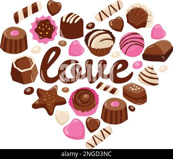 Eine Cartoon-Vektordarstellung süßer valentinsschokolade in Herzform mit dem Satz Liebe. Stock Vektor
