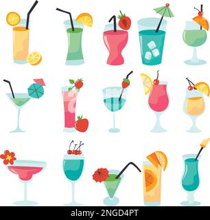 Eine Cartoon-Vektordarstellung verschiedener farbenfroher Cocktailgetränke. Stock Vektor