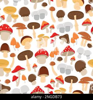 Eine Cartoon-Vektordarstellung verschiedener süßer Pilze mit nahtlosem Musterhintergrund. Stock Vektor