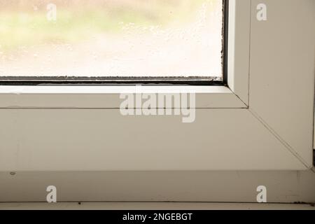 Metall-Kunststoff-Fenster in einer Wohnung, die durch Schimmel und Feuchtigkeit beschädigt wurde Stockfoto