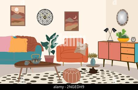 Wohnzimmereinrichtung Flachvektorgrafik. Stock Vektor