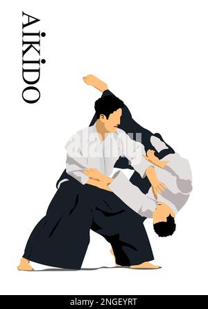 Orientalischer Kampfsport. Aikido. Farbige 3D-Vektordarstellung. Stock Vektor