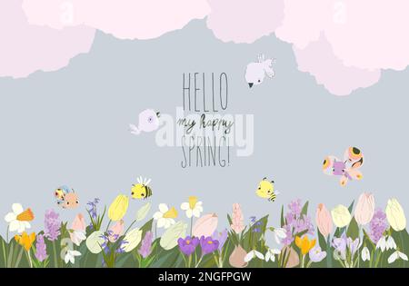Horizontale Grenze zu den Pflanzen und Insekten der Spring Meadow. Grünes Gras, bunte Blumen, Bienen und Schmetterlinge Stock Vektor