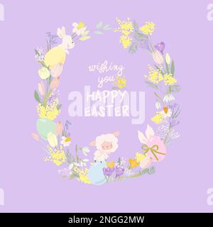 Süßer Cartoon-Osterkranz mit Eiern, Blumen und Tieren Stock Vektor