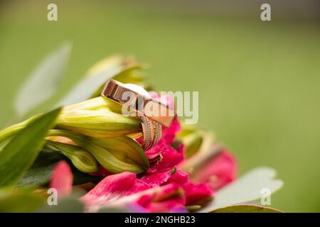 Hochzeit Goldringe der Braut und des Bräutigams liegen auf dem Hintergrund eines Blumenstraußes der Braut, Goldringe bei der Hochzeit Stockfoto