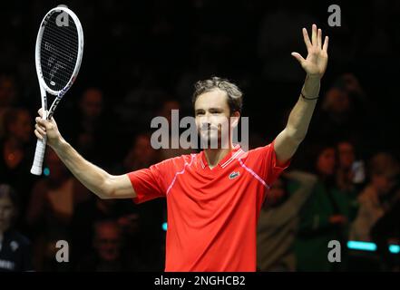 Rotterdam, Niederlande. 17. Februar 2023. Daniil Medvedev aus Russland nach seinem Spiel gegen Felix Auger-Aliassime aus Kanada während des ABN Amro Open 2023, ATP 500 Tennis Turnier am 17. Februar 2023 in Rotterdam, Niederlande - Photo Laurent Lairys / DPPI Credit: DPPI Media/Alamy Live News Stockfoto
