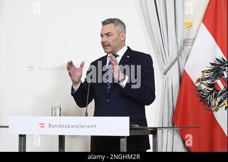 Wien, Österreich. 16. Februar 2023. Presseerklärung des österreichischen Bundeskanzlers Karl Nehammer Stockfoto