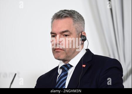 Wien, Österreich. 16. Februar 2023. Presseerklärung des österreichischen Bundeskanzlers Karl Nehammer Stockfoto