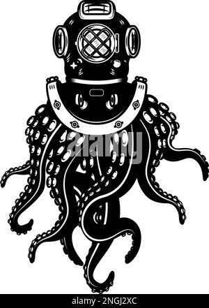 Darstellung eines alten Taucherhelms mit Kraken-Tentakeln. Designelement für Poster, Karte, T-Shirt. Vektordarstellung Stock Vektor