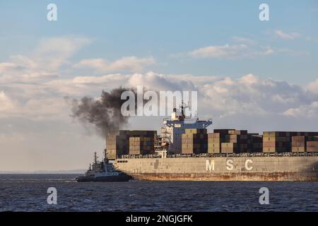 Containerschiff MSC SAO Paulo auf dem Weg zum Hafen Stockfoto