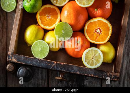 Gesunde und frische Mischung von Zitrusfrüchten, um Saft zu machen. Frisch gepflücktes Obst aus dem Garten. Stockfoto