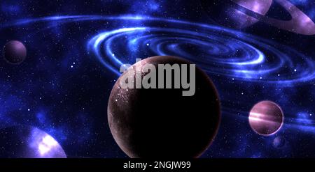 Fantastische Illustration der Galaxie mit Sternen und Planeten, Bannerdesign. Fantasiewelt Stockfoto