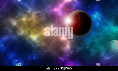 Fantastische Illustration der Galaxie mit Sternen und Planeten, Bannerdesign. Fantasiewelt Stockfoto