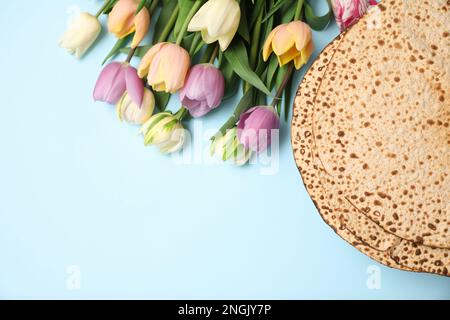 Schmackhafte Matzen und frische Tulpen auf hellblauem Hintergrund, flach liegend mit Platz für Text. Pessach-Feier Stockfoto