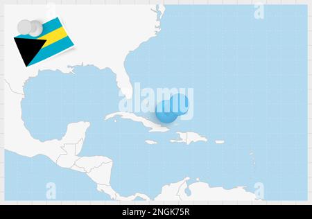 Karte der Bahamas mit einer blauen Nadel. Festsitzende Flagge der Bahamas, Vektordarstellung. Stock Vektor