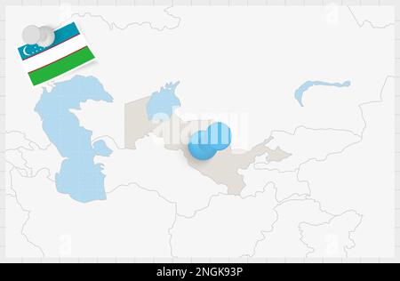 Karte von Usbekistan mit einer blauen Nadel. Festsitzende Flagge Usbekistans, Vektordarstellung. Stock Vektor