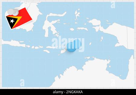 Karte von Osttimor mit blauer Nadel. Fixierte Flagge von Osttimor, Vektordarstellung. Stock Vektor