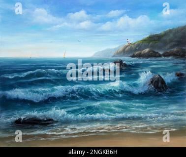 Original-Ölgemälde des Leuchtturms an der Küste auf Leinwand. Moderner Impressionismus Stockfoto