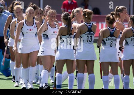 Wellington, Neuseeland. 18. Februar 2023. Newtown Alexandra Hammel (21 USA) lächelt vor dem internationalen Hockeyspiel zwischen den USA und Neuseeland im National Hockey Stadium in Wellington, Neuseeland (Joe Serci - SPP). Guthaben: SPP Sport Press Photo. Alamy Live News Stockfoto