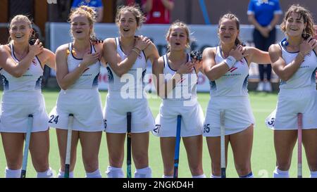 Wellington, Neuseeland. 18. Februar 2023. Newtown USA singt ihre Nationalhymne vor dem internationalen Hockeyspiel zwischen den USA und Neuseeland im National Hockey Stadium in Wellington, Neuseeland (Joe Serci - SPP) Kredit: SPP Sport Press Photo. Alamy Live News Stockfoto