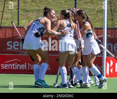 Wellington, Neuseeland. 18. Februar 2023. Newtown USA feiert das Eröffnungstor des internationalen Hockeyspiels zwischen den USA und Neuseeland im National Hockey Stadium in Wellington, Neuseeland (Joe Serci - SPP) Kredit: SPP Sport Press Photo. Alamy Live News Stockfoto