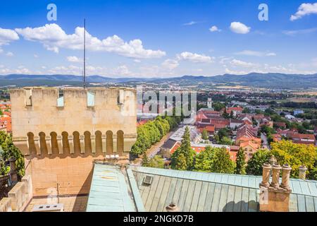 Burgturm mit Blick auf die Stadt und die Berge von Bojnice, Slowakei Stockfoto