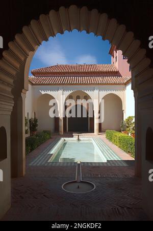 Ein Becken in der Alcazaba, eine palastartige Festung in Málaga, Spanien, erbaut während der Zeit des muslimischen Al-Andalusv im 10. Jahrhundert. Malaga Cit Stockfoto