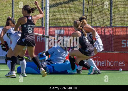 Wellington, Neuseeland. 18. Februar 2023. Newtown Neuseeland holt sich seinen Equalizer beim internationalen Hockeyspiel zwischen den USA und Neuseeland im National Hockey Stadium in Wellington, Neuseeland (Joe Serci - SPP). Kredit: SPP Sport Press Photo. Alamy Live News Stockfoto