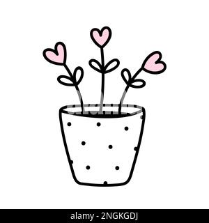 Süße herzförmige Blumen in einem Topf isoliert auf weißem Hintergrund. Handgezeichnete Vektorgrafik im Doodle-Stil. Perfekt für Karten, Logos, Dekorationen, verschiedene Designs. Stock Vektor